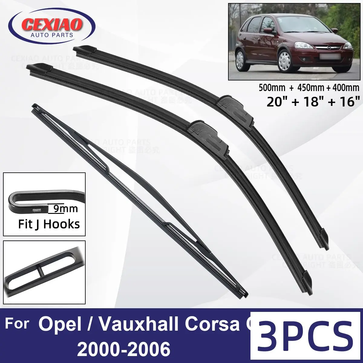 

For Opel / Vauxhall Corsa C 2000-2006 Car Front Rear Wiper Blades Soft Rubber Windscreen Wipers Auto Windshield 20"+18"+16" 2005