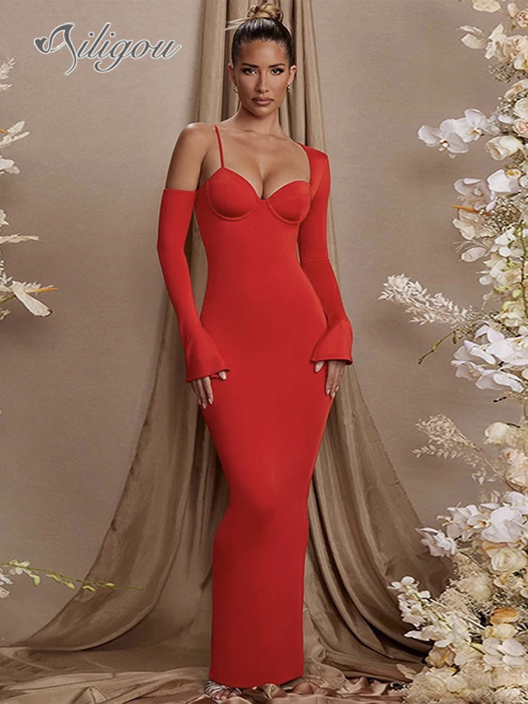 

Женское длинное платье Ailigou, Красное Облегающее платье с открытыми плечами, V-образным вырезом и длинным рукавом, лето 2023