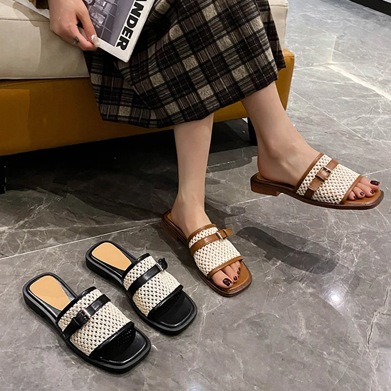 Breathable Straw Plaited Mule Shoes Woman Square Toe Belt Weave Sandals Ladies Brand Design Fashion Summer Outdoor Slide Slipper