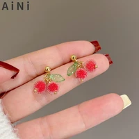 modern jewelry 925 silver needle red cherry bead earrings cute design sweet temperament short drop earrings for girl wholesale
