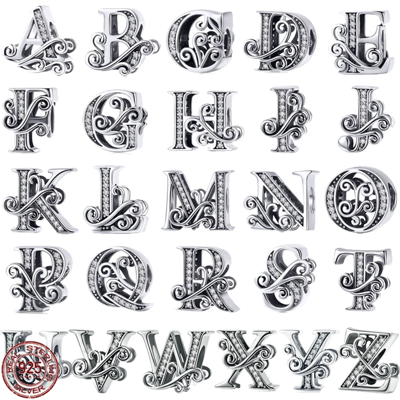

Classic 925 Sterling Silver Vintage Exquisite A-Z Letter Beaded Pendant fit Original Pandora Bracelet DIY Handmade Accessories