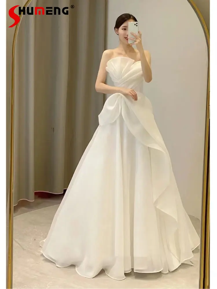 

Simple White Gauze Sleeveless Tube Top Light Wedding Dress Woman 2023 New Bridal French Trip Shoot Yarn Fairy Dresses for Women