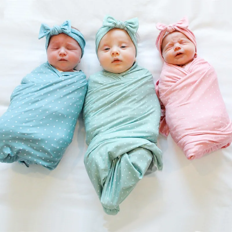 

New Baby Turban Solid Color Soft Cotton Polka Dot Newborn Cute Rabbit Ears Headband Wrap Blanket Suit Swaddle