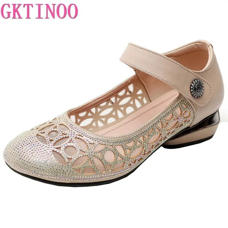 

GKTINOO Mom Shoes Summer Sandals Soft Sole Closed Toe Low Heels Mesh Single Shoes Genuine Leather Rhinestone Large Size