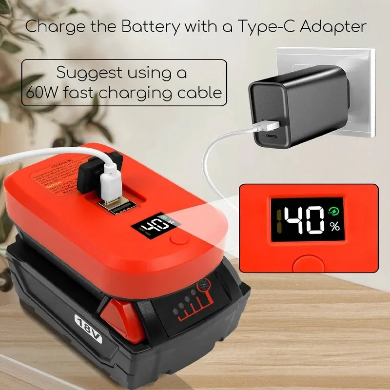 Фото Зарядное устройство HAKSINKY 65W USB, совместимое с литий-ионными аккумуляторами Milwaukee 18V, портативное зарядное устройство с портами USB/Type-C №2