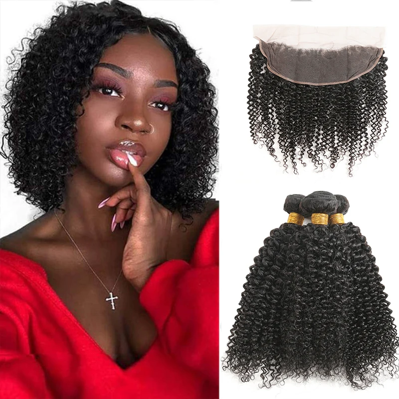 Kinky Curly Bundles With Frontal IJOY Brazilian Hair Weave 3 Bundles With Closure Non-Remy Natural Color Human Hair Extensions