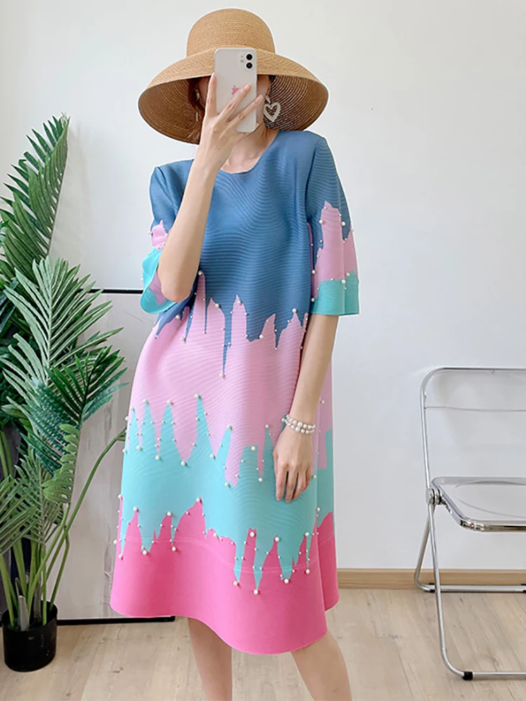 

Delocah High Quality Summer Women Fashion Designer Midi Dress Colorblock Beading Draped Elasticity Short Sleeve Pleated Dresses