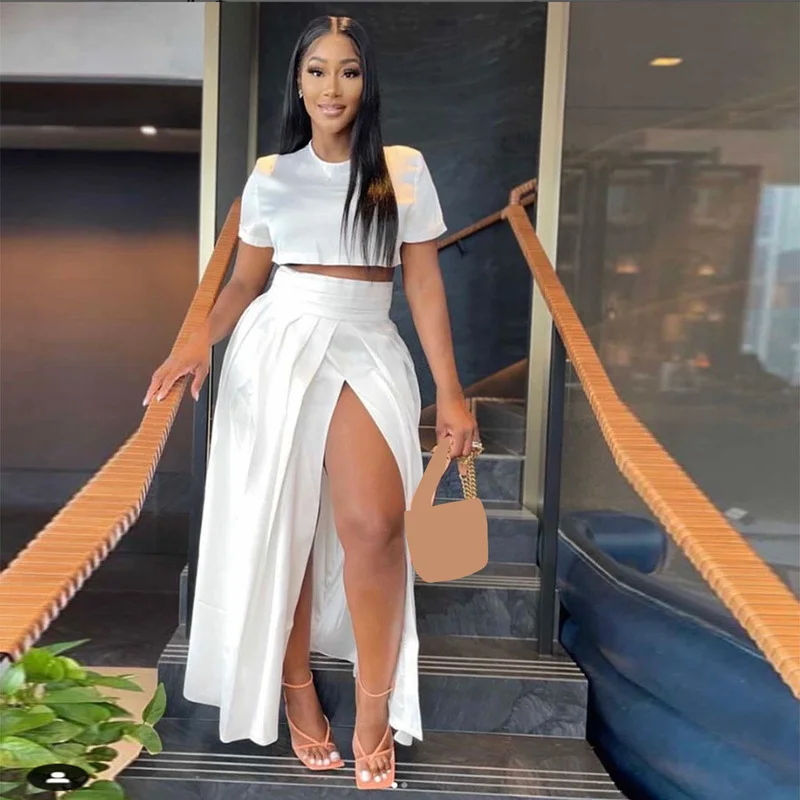 

WUHE Solid O Neck Short Sleeve Crop Top High Split Maxi Pleated Skirt Two Piece Set Women Summer Party Suit