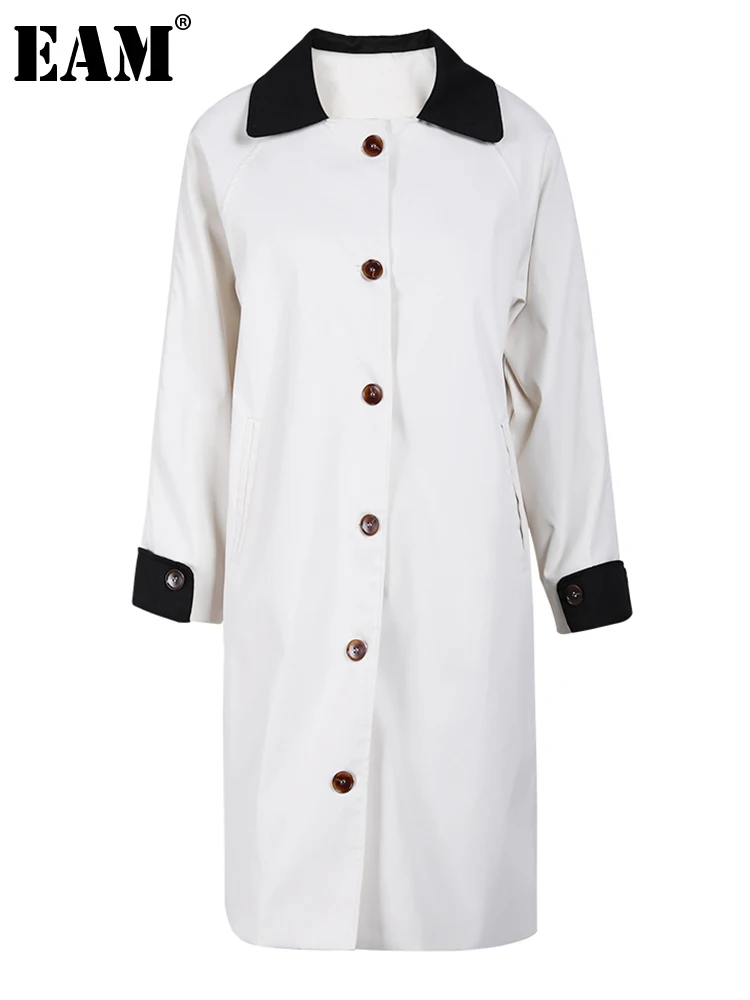 

[EAM] Women Beige Color-block Casual Trench New Lapel Long Sleeve Loose Fit Windbreaker Fashion Tide Spring Autumn 2023 CPG0126