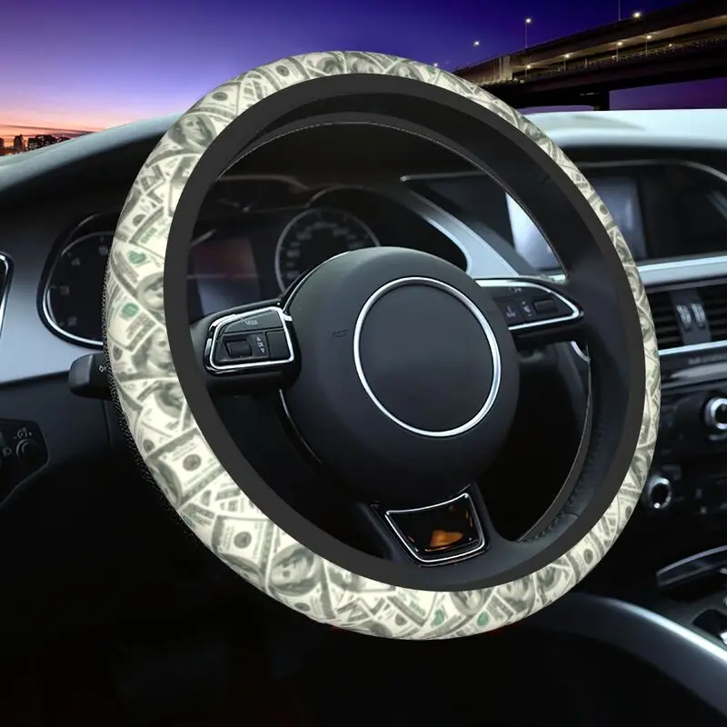 

US American Dollar Bill Steering Wheel Cover for Women Soft Banknotes Pattern Steering Wheel Protector Universal Fit 15 inch Car