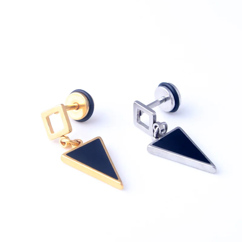 

New Fashion Punk Color gold Triangle Titanium Steel Women Men Hollow Square Black Drip Oil Triangle Earrings Brincos Jewelry