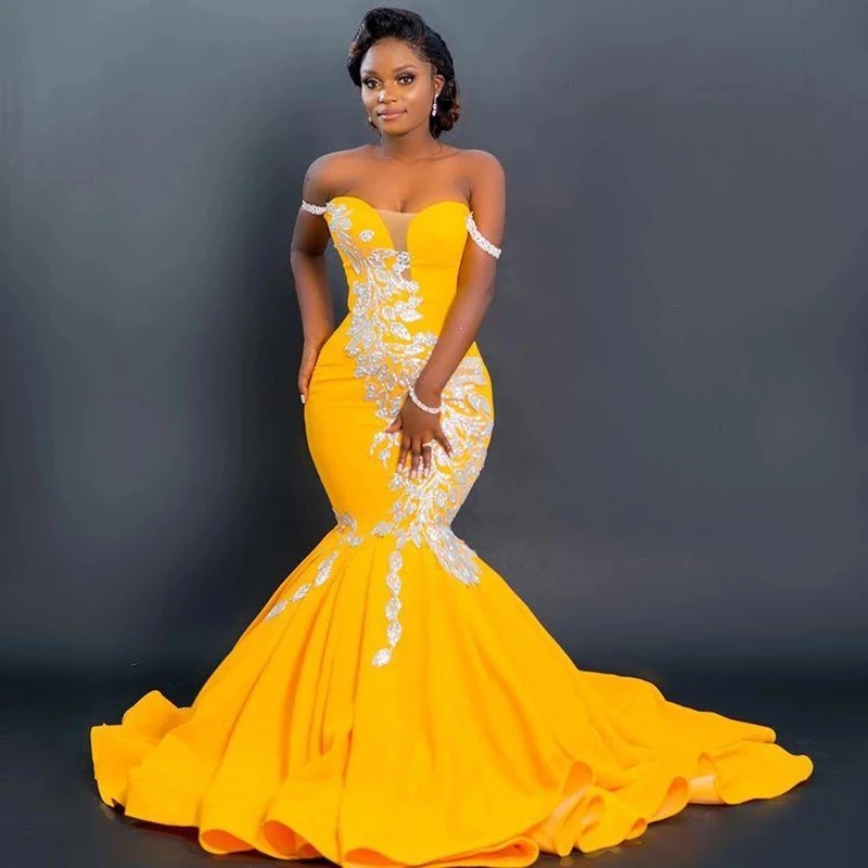 

Gold Yellow African Prom Dresses Off the Shoulder Aso Ebi Style Evening Dress Plus Size Appliques Long Formal Wedding Party Gown