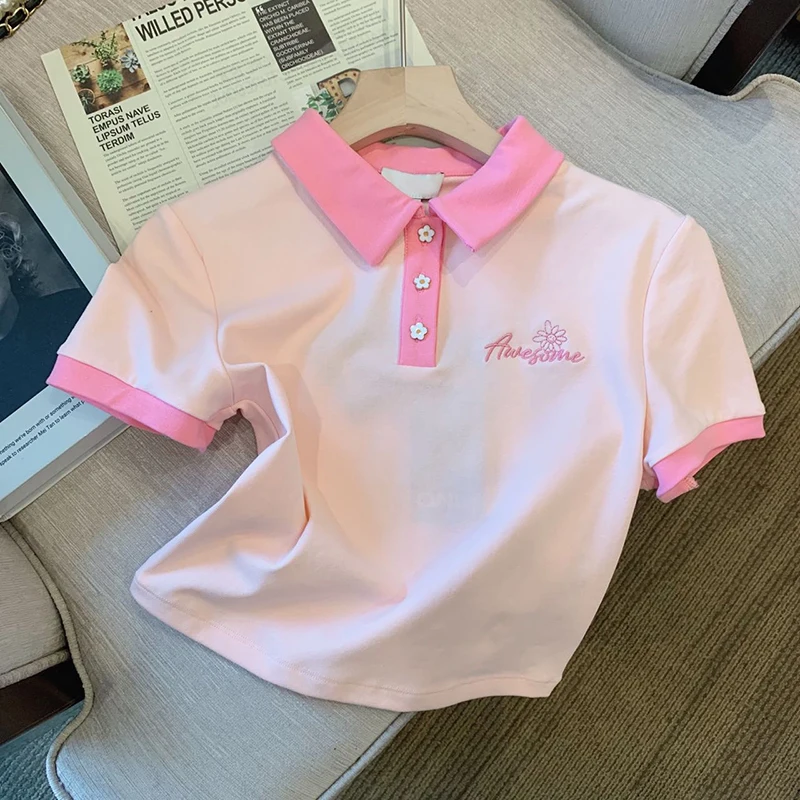 

Женская футболка на пуговицах, Повседневная футболка составного кроя с коротким рукавом и отложным воротником в Корейском стиле на лето, 2023