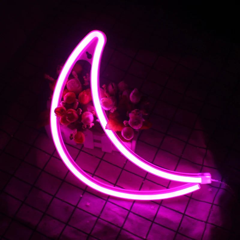 Led Neon Sign Light Pink Moon Shaped Wall Art Signs Bedroom Decoration Hanging Lamp Home Party Lights USB Battery Neon Art Gift