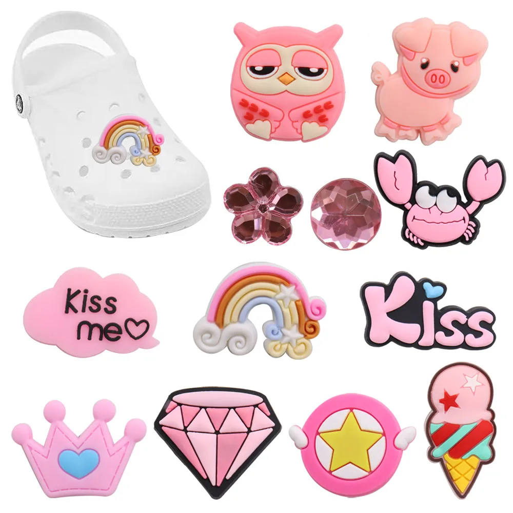 

Wholesale 50pcs Shoe Charms Pink Crab Pig Owl Crown Rainbow Accessories PVC Kids Shoe Buckle Fit Wristbands Birthday Present