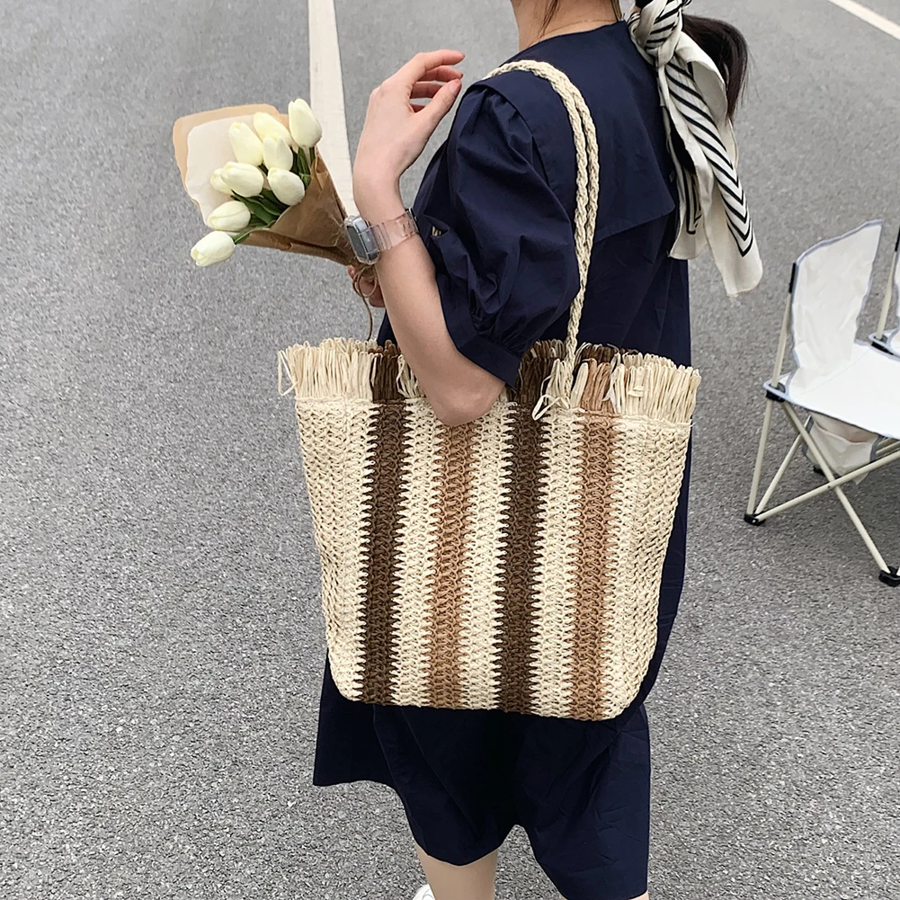 

Соломенная плетеная сумка на плечо в полоску, летняя пляжная дорожная сумка-шоппер ручной работы, брендовые дизайнерские дамские сумочки