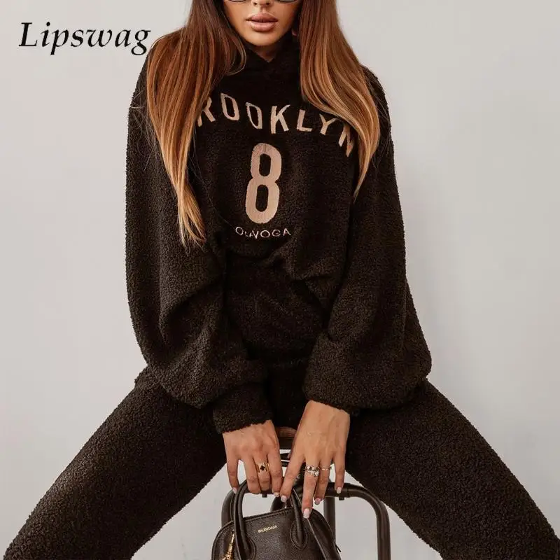 

New Autumn Casual Lamb's Fleece Hooded Set Fashion Solid Letter Printed Pencil Pants Set Women Sweatshirt Sport Two Piece Sets