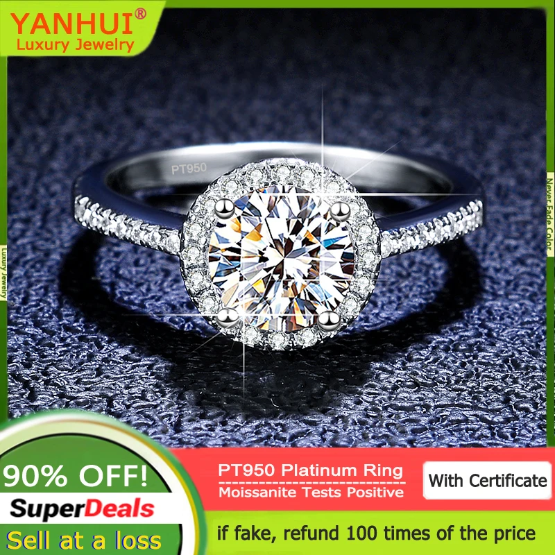

YANHUI Never Fade Classic Luxury PT950 Platinum Ring Genuine 1 Carat Moissanite Diamond Wedding Band Accessories for Women MR004
