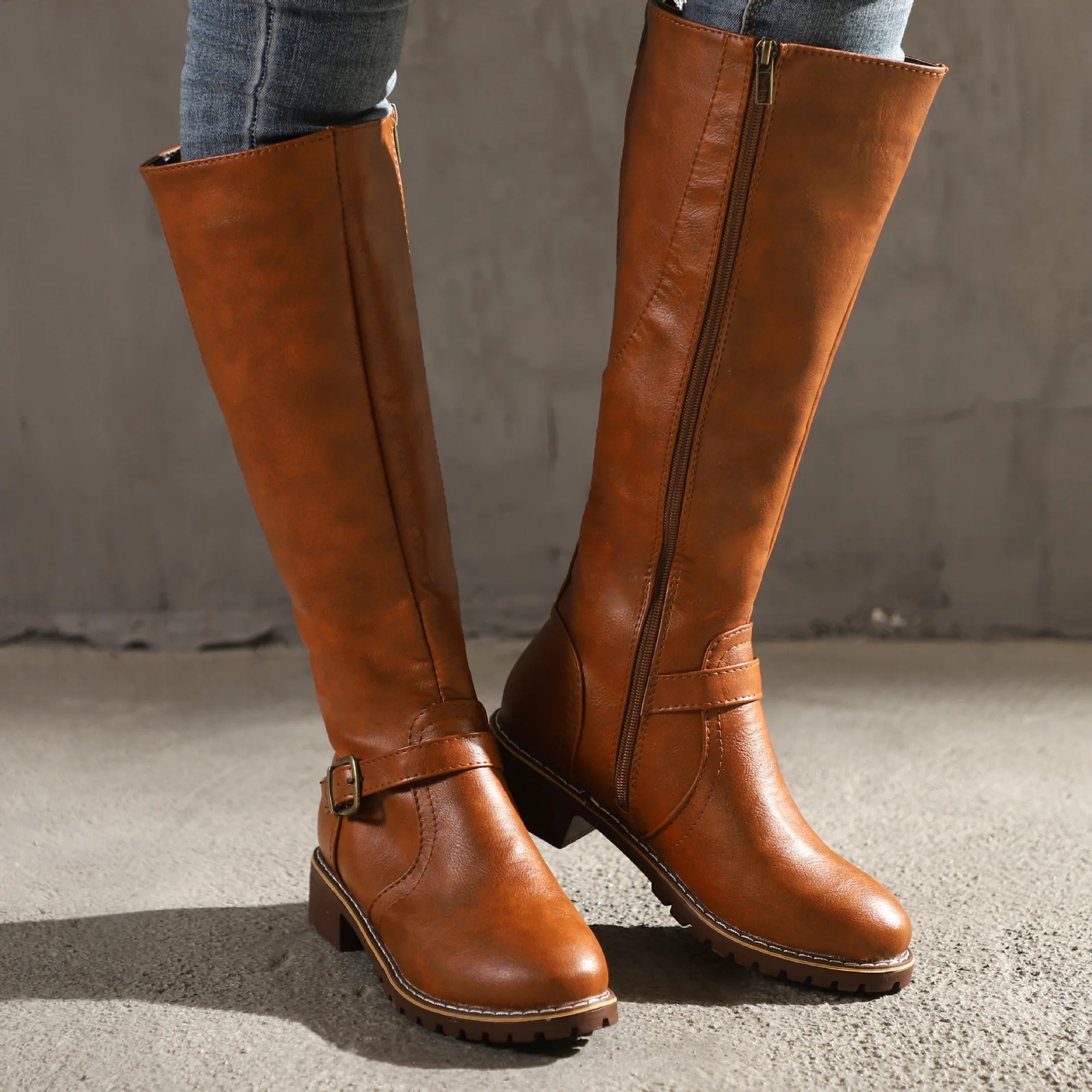 

2023 Women Knee-high Knight Boots Ladies Leather Shoes Square-heel Belt Buckle British Style Cow Boy Zipper Solid Modern Winter