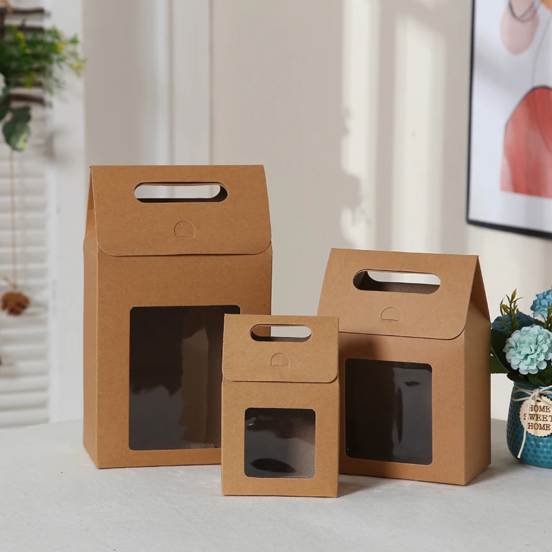 

10pcs Portable Food Gift Small Packing Box Large Open Window Cowhide Carton Bag Simple Style Kraft Handle Flap Seal Gift Box