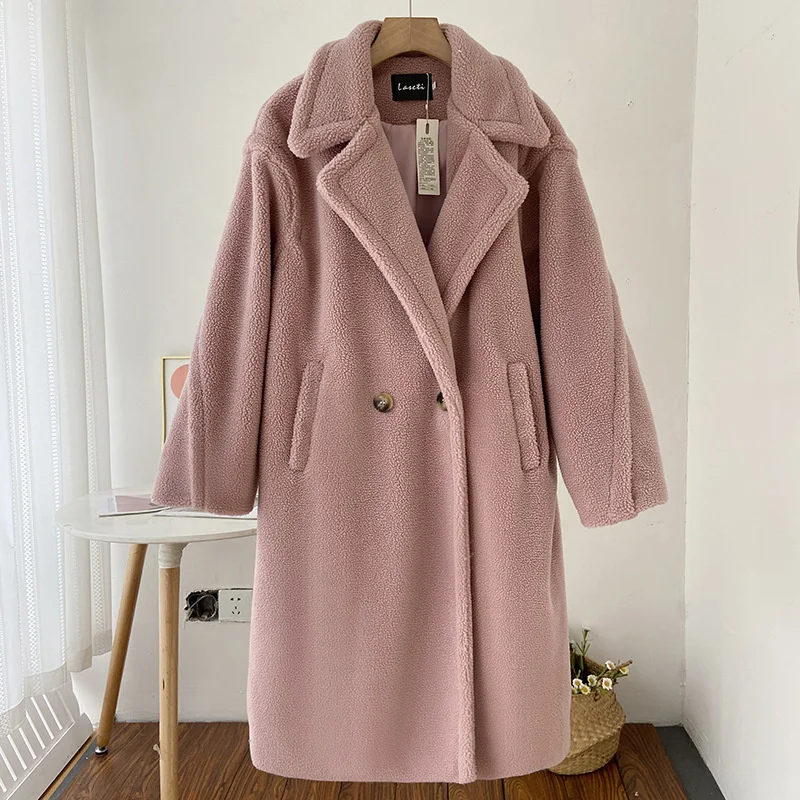 

2022 Winter Women Faux Fur Coat Turn Down Collar Double Breasted Thickened Loose Long Sleeve Lambs Wool Long Coats
