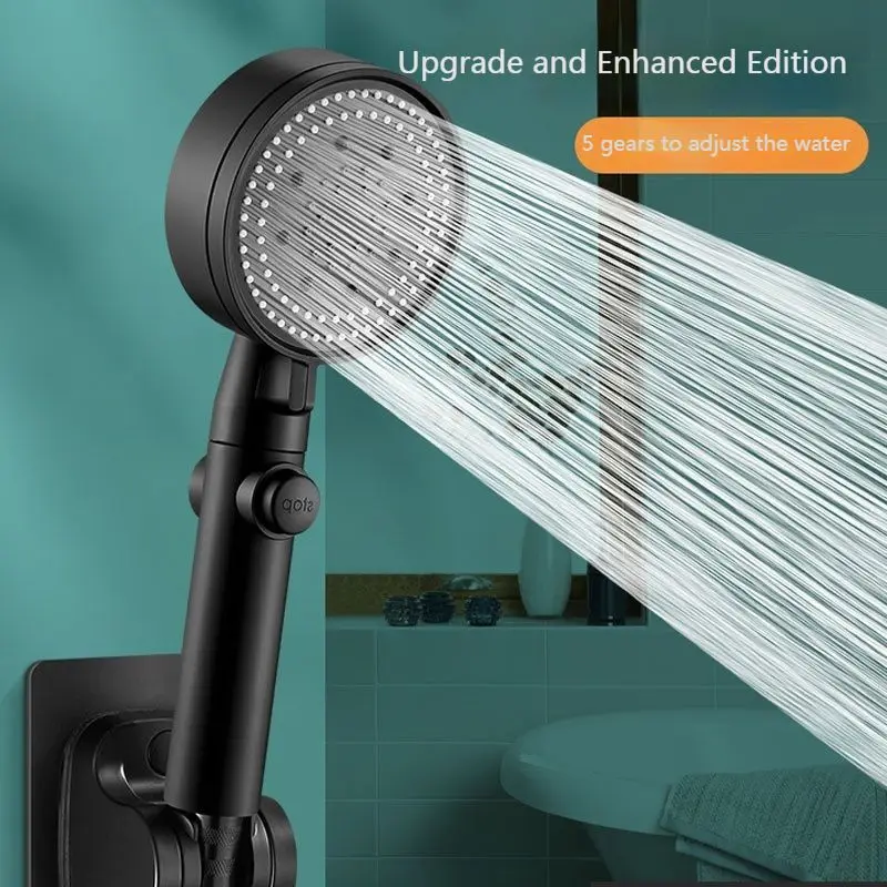 

Black Bathroom 5 Modes High Pressure Shower Head with On/Off Switch Stop Button Water Saving Bathroom Faucet Accessories