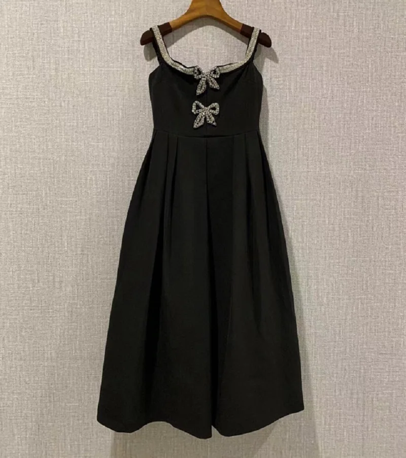 

Top Quality New Black Dress 2023 Spring Party Events Women Spaghetti Strap Crystal Beading Deco Mid-Calf Length Dress Club Wear