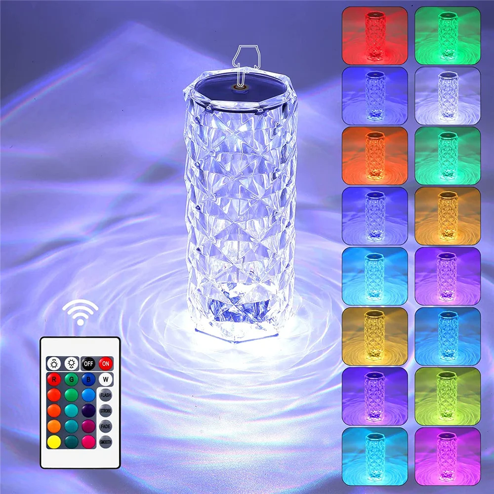 Touch Crystal Lamp 16 Color Changing RGB Night Light Remote USB Romantic LED Rose Diamond Living Room Valentines Day Nightlight