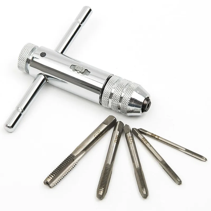 

Регулируемый стальной Т-образный Трещоточный ключ M3-M8, резьбонарезающий инструмент с серебристым ручным винтовым краном