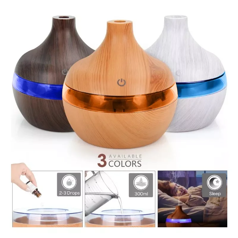 

300ML USB Air Humidifier Electric Aroma Diffuser Mist Wood Grain Oil Aromatherapy Mini With 7 LED Light For Car Home Office