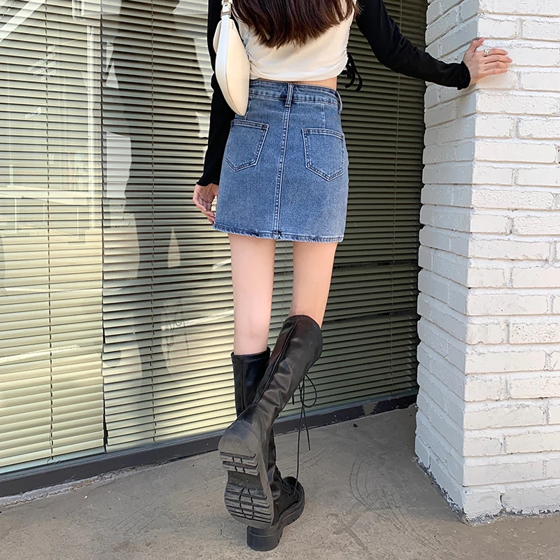 Denim Skirt Women's Summer Blue High Waist Jeans Shorts Casual Slim Versatile Split Wrap Hip A-line Short Skirt
