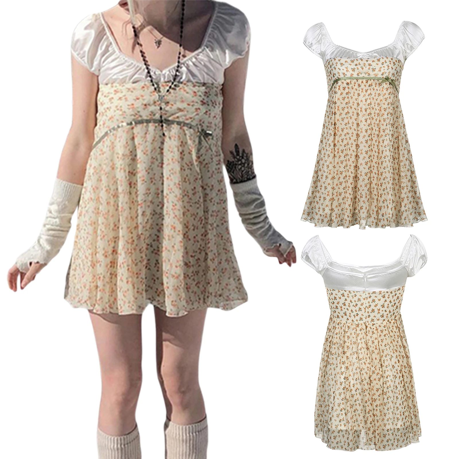 

Women's Dress Adult Floral Print Short Sleeve Bowknot Decoration Back Zipper Female Mini Dress