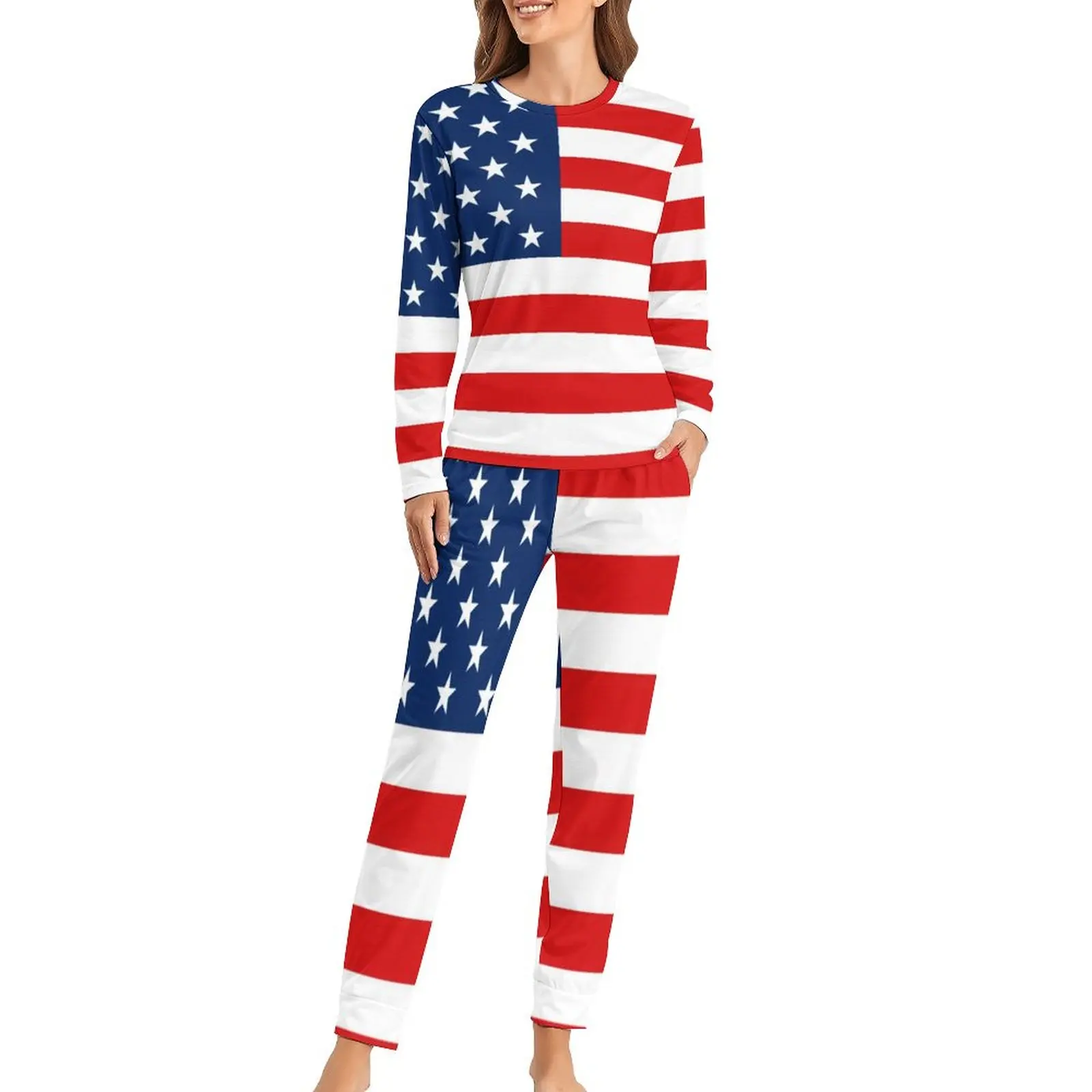 

American Flag Pajamas Woman 4th of July Blue Red Stripe Retro Nightwear Two Piece Aesthetic Pajamas Set Oversized Home Suit Gift