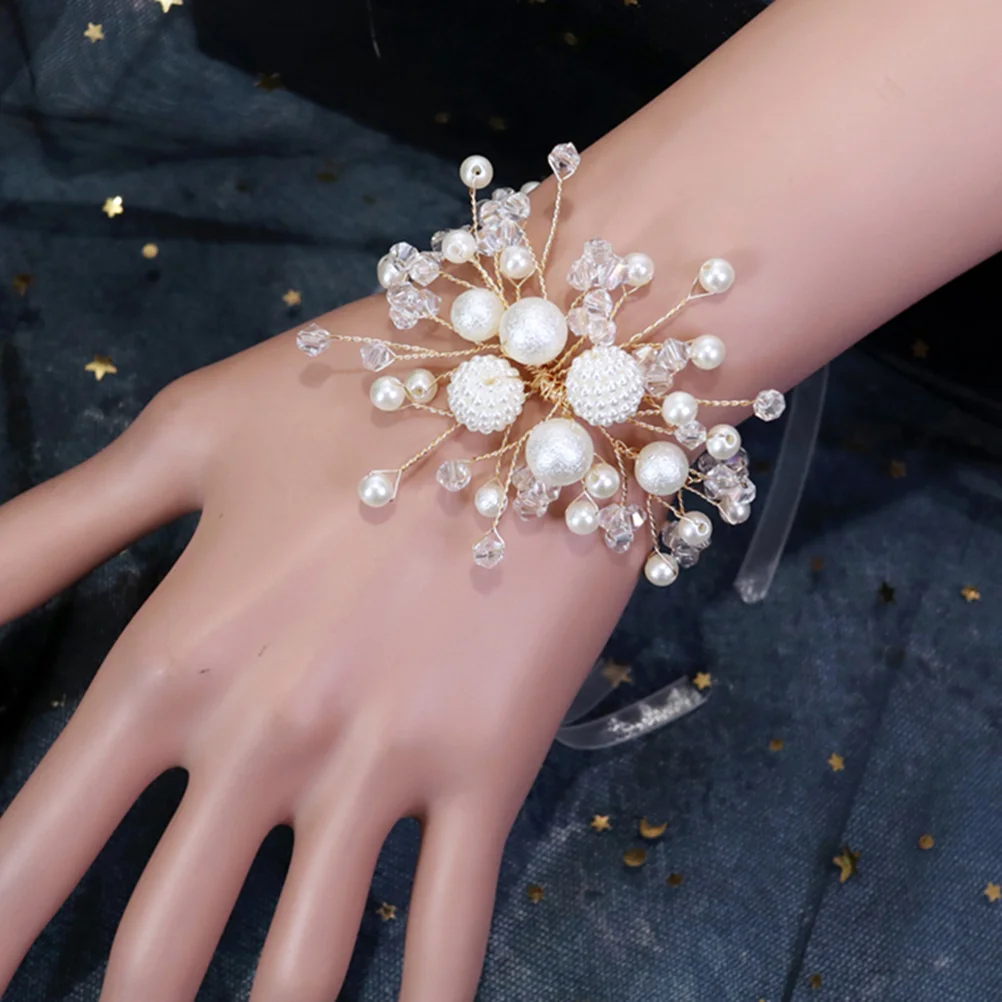 

Flower Corsage Bracelet Wrist Bands White Tape Pearl Wedding Wristband Bridal Prom Bridesmaid Bracelets Flowers Crystals