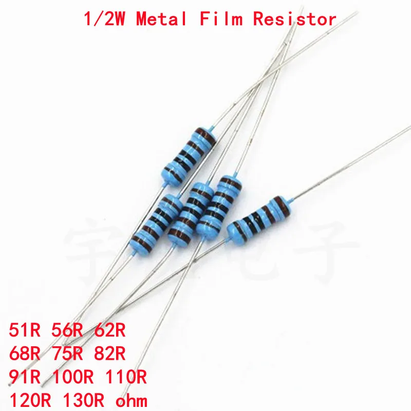

50piece 1/2W Metal Film Resistor New 1% 51R 56R 62R 68R 75R 82R 91R 100R 110R 120R 130R Ohm Accurate High Good Quality Ohms DIP