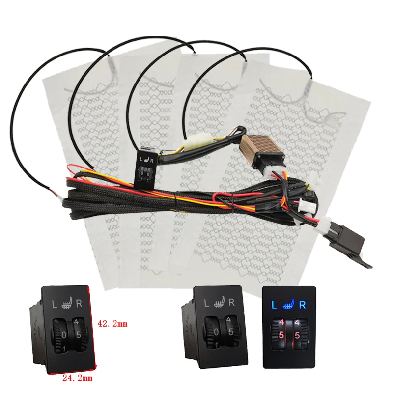 

Новый комплект для подогрева сидений автомобиля, подходят для 2 сидений, проволока из сплава/углеродное волокно, нагревательная подушка, 5-уровневый переключатель для Toyota Camry Corolla RAV4 Highlander