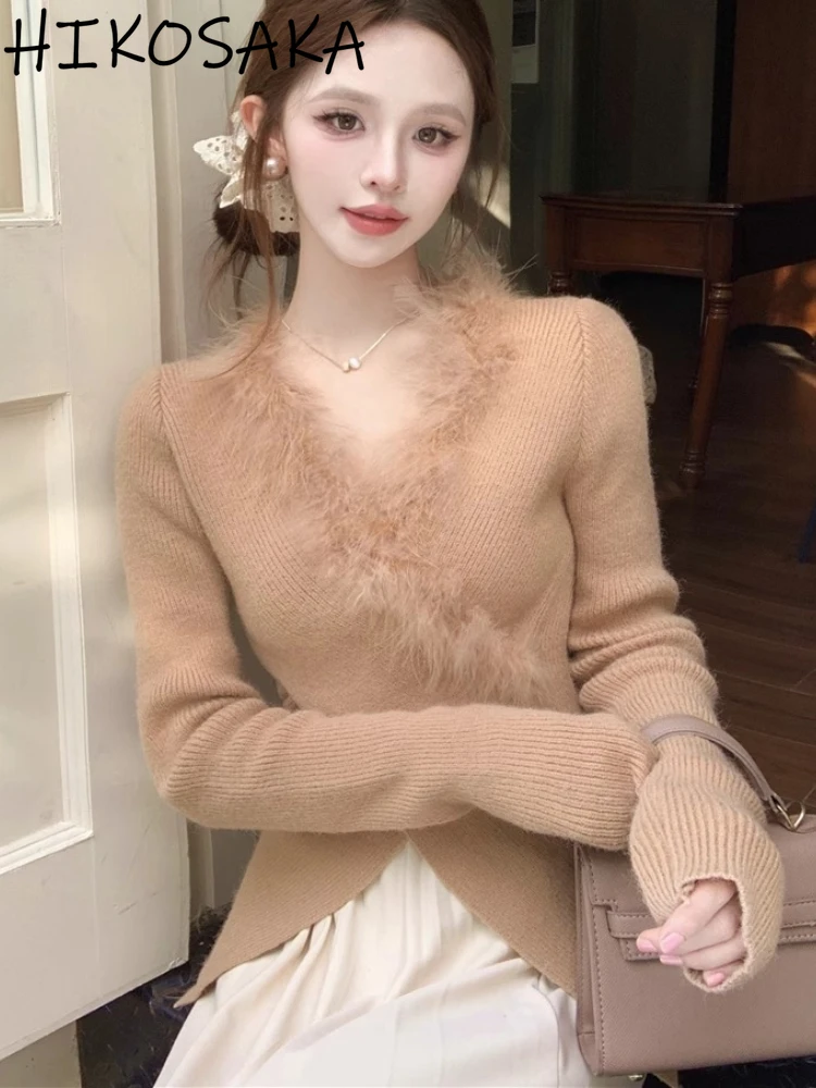 Свитер с нерегулярным крестом женская верхняя одежда v-образным вырезом меховые