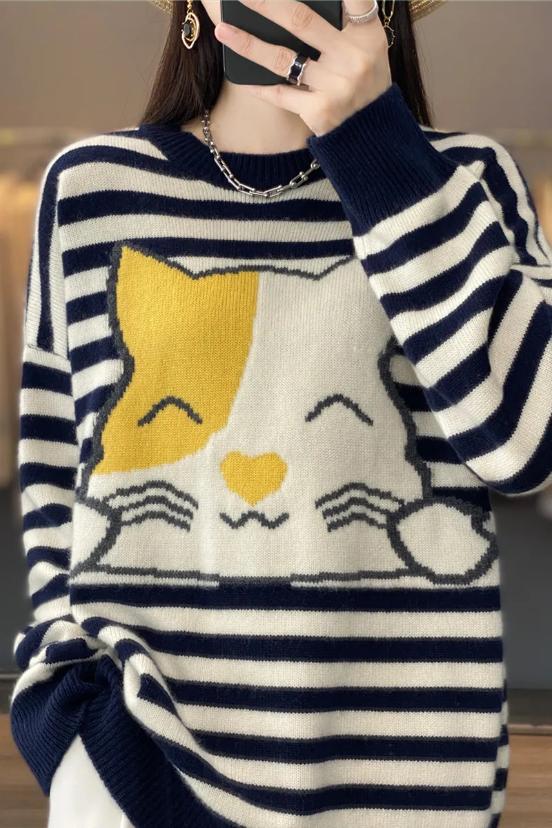 

Fashion Cartoon Women Sweater Autumn Winter Loose Casual Jumper Female Pullover Long Sleeve Small Turtleneck 100% Wool Knit Tops