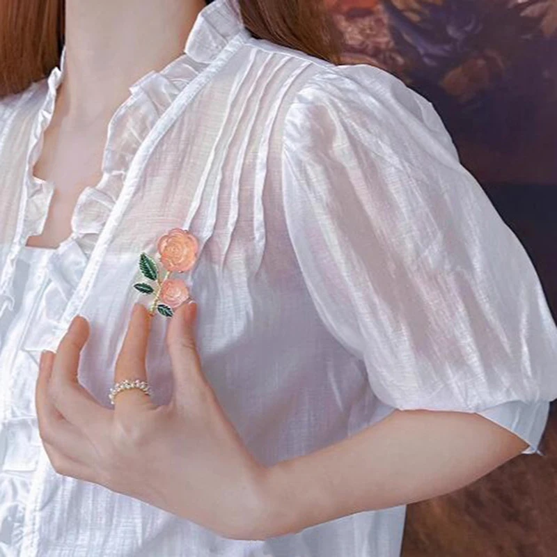 Винтажная брошь с цветком розы для женщин зеленые листья ледяной кристалл