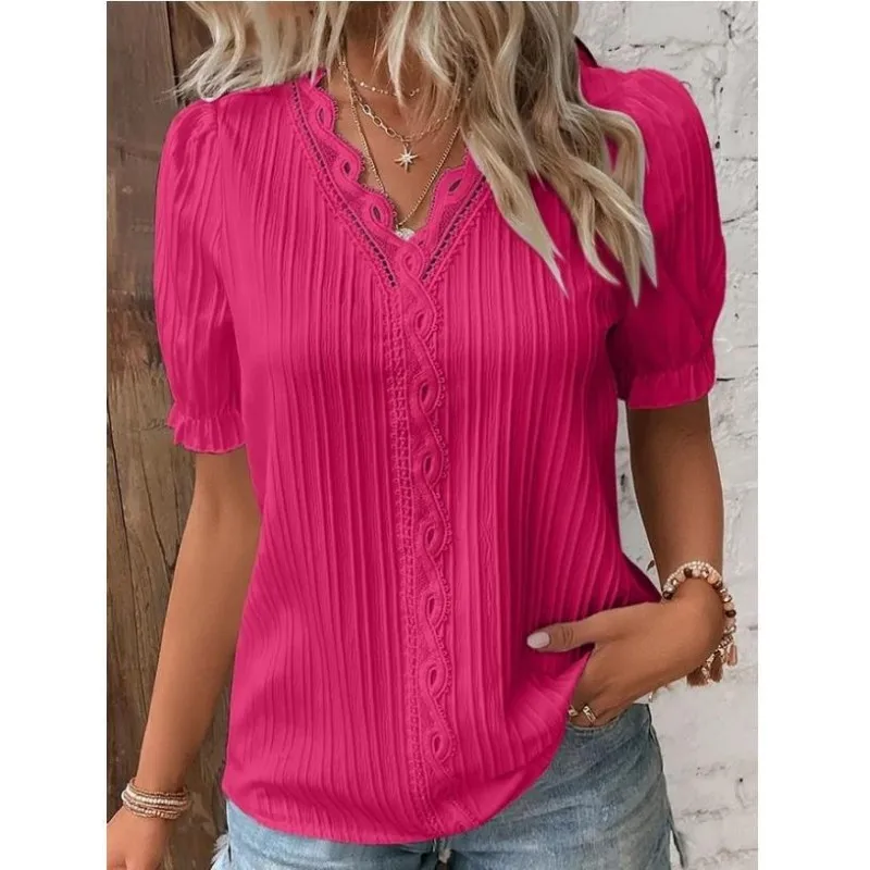 

Solid Elegant V-Neck Loose Blouses For Women 2023 Summer Women's Fashion Puff Sleeve Shirts and Blouse Female Hollow Out Top 5XL