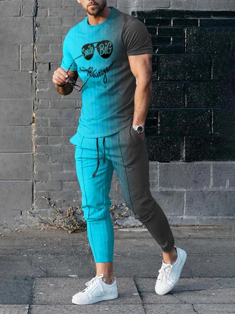 New Arrival Funny Smiley Trousers Tracksuit 2 Piece Sets Short Sleeves T Shirt+long Pants Print Casual Suits Mens Clothes