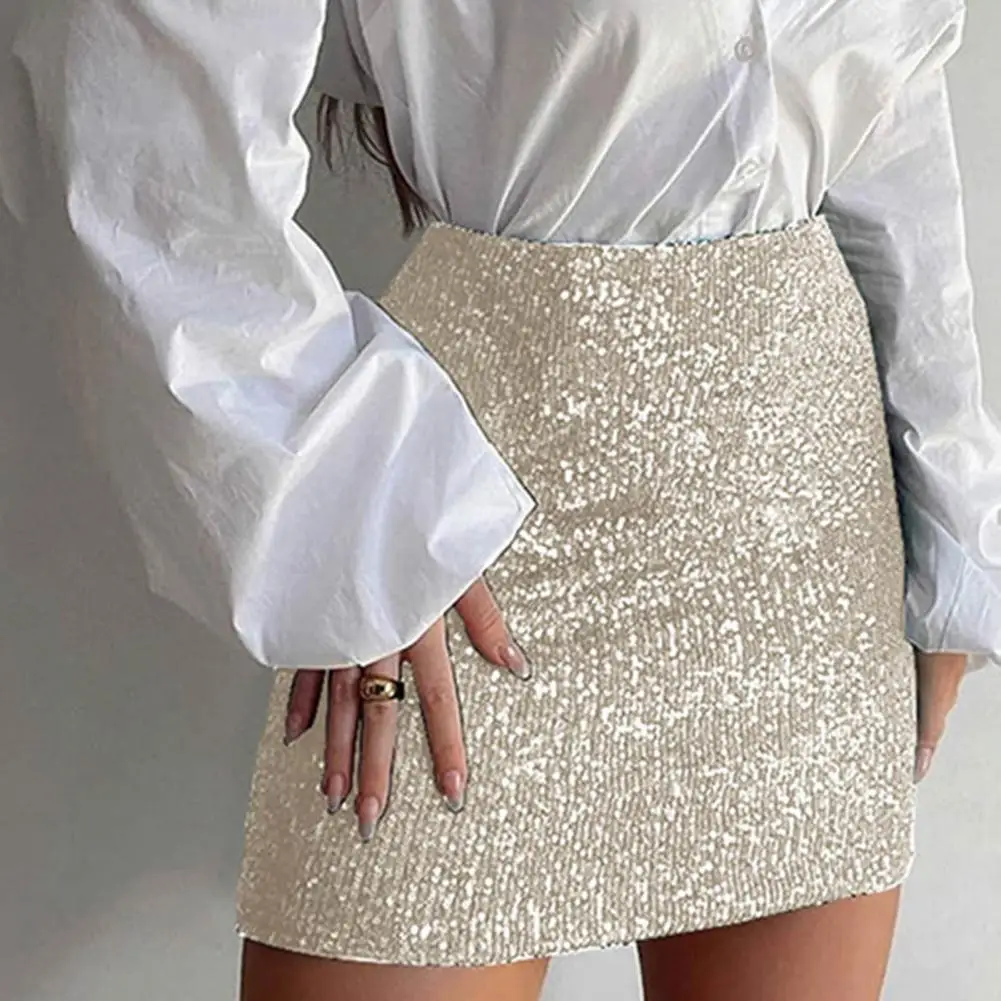 

Women Skirt Shiny Sequin Sheath Slim Fit Above Knee High Waist Clubwear Solid Color Short Glitter Lady Skirt Female Garment