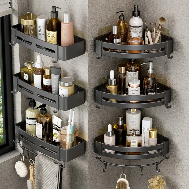 

Black Towel Shower Storage Rack Black Corner Shelves Wall Mounted Bathroom Punch-Free Storage Basket Organizer