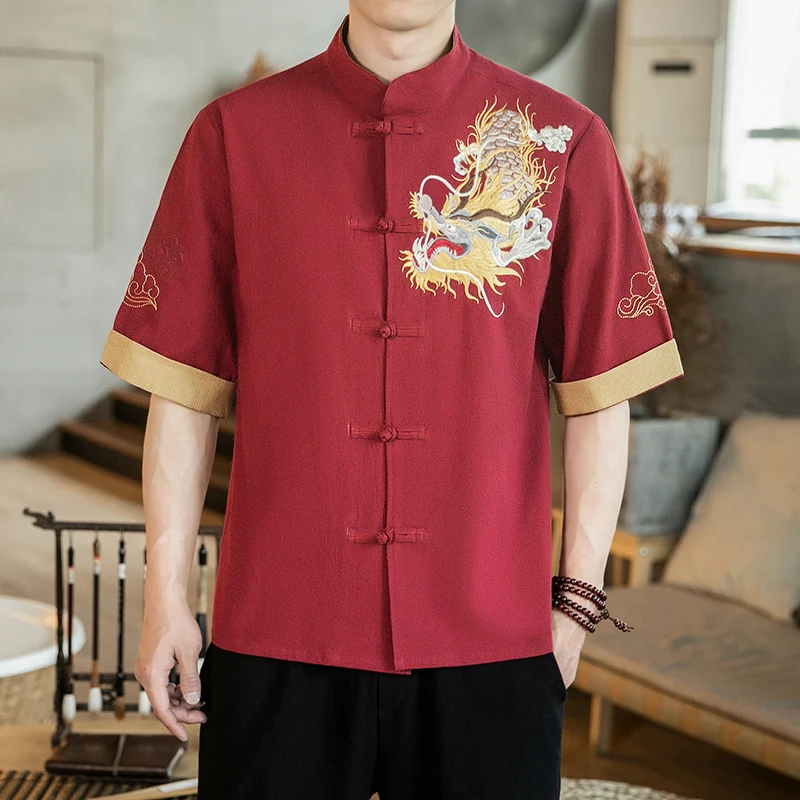 

China's Artistic Style In Chinese Traditional Hanfu Chinese Clothes Dragon Embroidery Loose Men's Clothing Short Sleeve Shirt