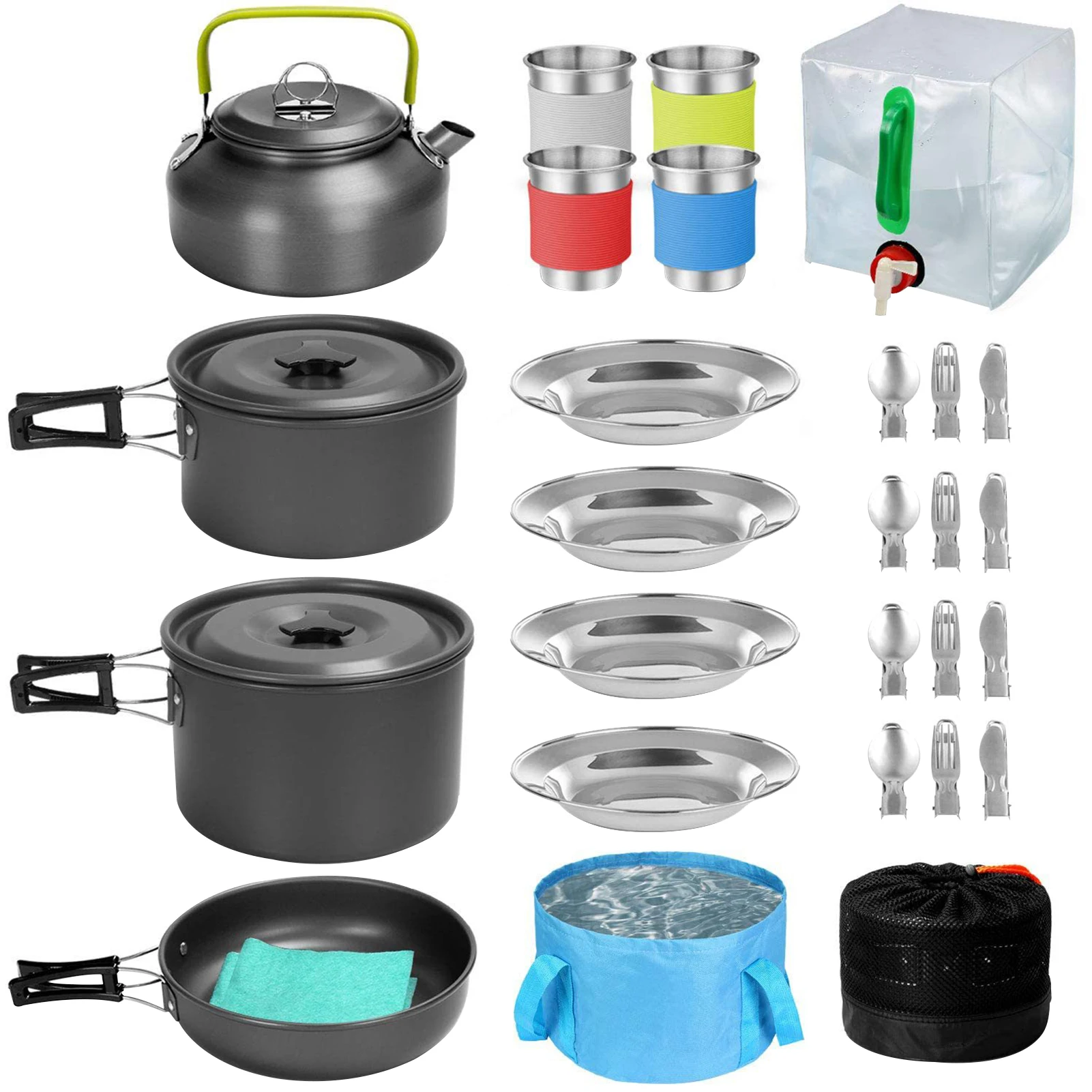 

4-5 Family Outdoor Pots Pans Camping Cookware Picnic Cooking Set Non-stick Tableware With Foldable Spoon Fork Knife Kettle Cup