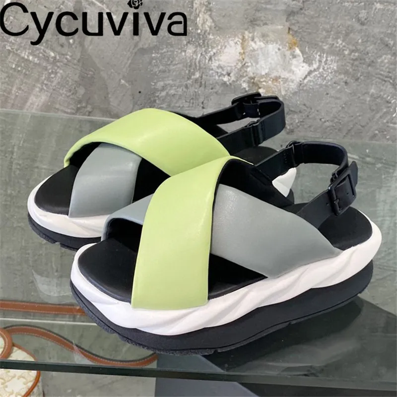 

New Thick Sole Platform Flat Sandals Women Sexy Cross Padded Leather Rome Summer Black Sandals Designer Holiday Beach Shoes