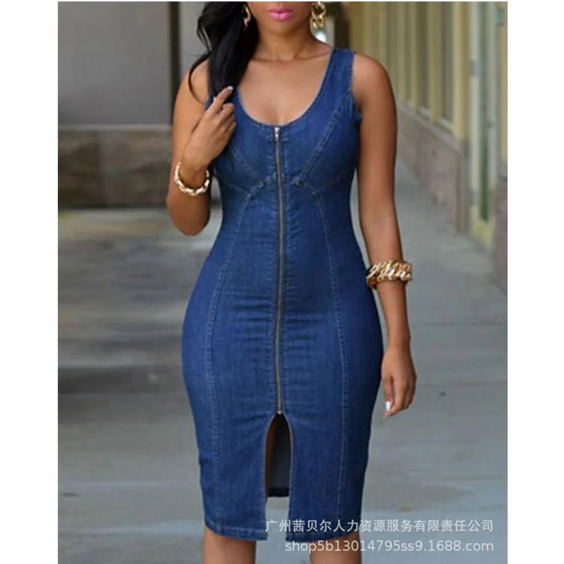 

Women Vintage Fashion Corset Denim Dress Women Casual Sleeveless V Neck Zipper Front Slim Fit Slit Bodycon Dress Streetwear