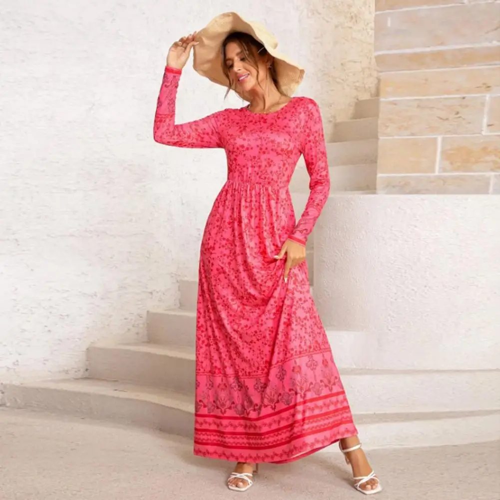 

party Dress O-Neck Long Sleeves Elastic Waist Tight Large Hem Pocket Women Dress Elegant Autumn Winter Floral Print Maxi Dress