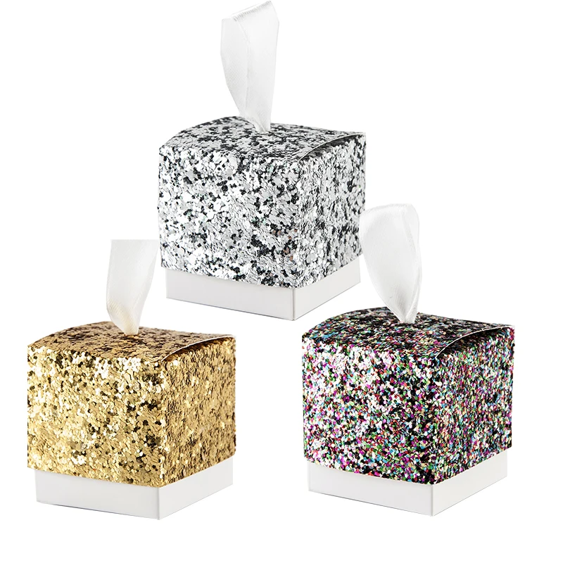 

50Pcs Romantic Wedding Birthday Party Decoration Supplies And Gift Package Candy Bag Gold Glitter Favor Boxes With Ribbon