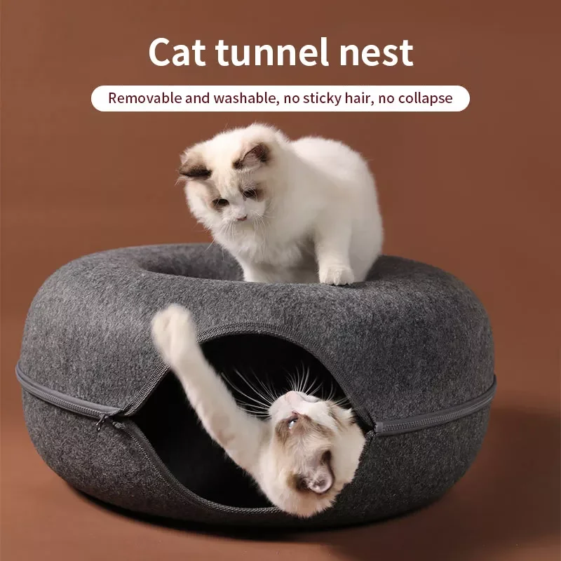 

2023New Four Seasons Available Cat Litter Round Wool Felt Pet Litter Cat Tunnel Litter Gray Felt Cat Litter Detachable Pet Suppl